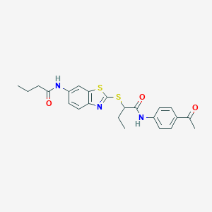 molecular formula C23H25N3O3S2 B282832 N-(4-acetylphenyl)-2-{[6-(butanoylamino)-1,3-benzothiazol-2-yl]sulfanyl}butanamide 