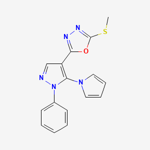 molecular formula C16H13N5OS B2828322 2-(methylsulfanyl)-5-[1-phenyl-5-(1H-pyrrol-1-yl)-1H-pyrazol-4-yl]-1,3,4-oxadiazole CAS No. 477709-79-8