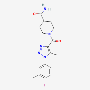molecular formula C17H20FN5O2 B2828336 1-(1-(4-fluoro-3-methylphenyl)-5-methyl-1H-1,2,3-triazole-4-carbonyl)piperidine-4-carboxamide CAS No. 1448130-27-5