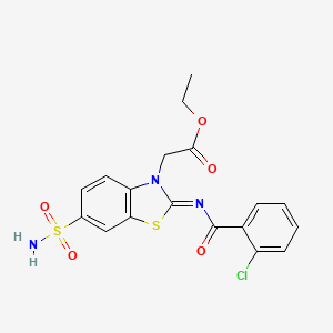 molecular formula C18H16ClN3O5S2 B2828341 Ethyl 2-[2-(2-chlorobenzoyl)imino-6-sulfamoyl-1,3-benzothiazol-3-yl]acetate CAS No. 865247-50-3
