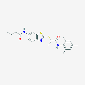 molecular formula C23H27N3O2S2 B282835 N-[2-({1-oxo-1-[(2,4,6-trimethylphenyl)amino]propan-2-yl}sulfanyl)-1,3-benzothiazol-6-yl]butanamide 