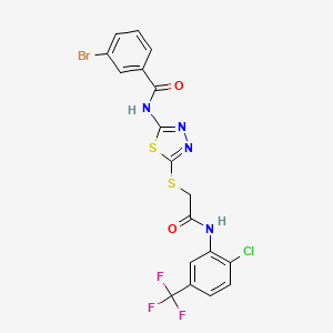 molecular formula C18H11BrClF3N4O2S2 B2828353 3-bromo-N-[5-[2-[2-chloro-5-(trifluoromethyl)anilino]-2-oxoethyl]sulfanyl-1,3,4-thiadiazol-2-yl]benzamide CAS No. 392298-92-9