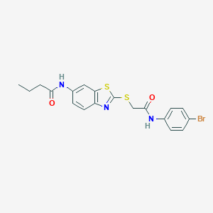 molecular formula C19H18BrN3O2S2 B282836 N-(2-{[2-(4-bromoanilino)-2-oxoethyl]sulfanyl}-1,3-benzothiazol-6-yl)butanamide 