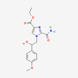 molecular formula C16H19N3O5 B2828384 ethyl 2-(aminocarbonyl)-1-[2-hydroxy-2-(4-methoxyphenyl)ethyl]-1H-imidazole-4-carboxylate CAS No. 2061037-02-1