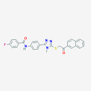 molecular formula C28H21FN4O2S B282840 4-fluoro-N-[4-(4-methyl-5-{[2-(naphthalen-2-yl)-2-oxoethyl]sulfanyl}-4H-1,2,4-triazol-3-yl)phenyl]benzamide 