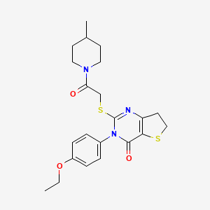 molecular formula C22H27N3O3S2 B2828418 3-(4-ethoxyphenyl)-2-((2-(4-methylpiperidin-1-yl)-2-oxoethyl)thio)-6,7-dihydrothieno[3,2-d]pyrimidin-4(3H)-one CAS No. 686772-30-5
