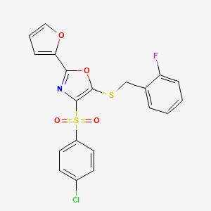 molecular formula C20H13ClFNO4S2 B2828445 4-((4-Chlorophenyl)sulfonyl)-5-((2-fluorobenzyl)thio)-2-(furan-2-yl)oxazole CAS No. 686738-13-6