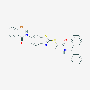 molecular formula C30H24BrN3O2S2 B282845 2-bromo-N-[2-({1-[(diphenylmethyl)amino]-1-oxopropan-2-yl}sulfanyl)-1,3-benzothiazol-6-yl]benzamide 