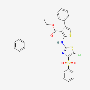 molecular formula C28H23ClN2O4S3 B2828478 Benzene; ethyl 2-{[4-(benzenesulfonyl)-5-chloro-1,3-thiazol-2-yl]amino}-4-phenylthiophene-3-carboxylate CAS No. 1179410-54-8