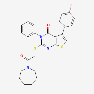 molecular formula C26H24FN3O2S2 B2828499 2-[2-(Azepan-1-yl)-2-oxoethyl]sulfanyl-5-(4-fluorophenyl)-3-phenylthieno[2,3-d]pyrimidin-4-one CAS No. 690645-15-9