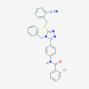 molecular formula C30H22ClN5OS B282851 N-(4-{4-benzyl-5-[(2-cyanobenzyl)sulfanyl]-4H-1,2,4-triazol-3-yl}phenyl)-2-chlorobenzamide 