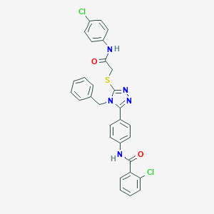 molecular formula C30H23Cl2N5O2S B282852 N-{4-[4-benzyl-5-({2-[(4-chlorophenyl)amino]-2-oxoethyl}sulfanyl)-4H-1,2,4-triazol-3-yl]phenyl}-2-chlorobenzamide 