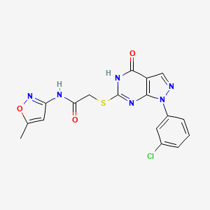 molecular formula C17H13ClN6O3S B2828534 2-{[1-(3-chlorophenyl)-4-oxo-1H,4H,5H-pyrazolo[3,4-d]pyrimidin-6-yl]sulfanyl}-N-(5-methyl-1,2-oxazol-3-yl)acetamide CAS No. 877989-16-7
