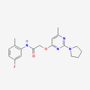 molecular formula C18H21FN4O2 B2828537 N-(5-氟-2-甲基苯基)-2-((6-甲基-2-(吡咯啉-1-基)嘧啶-4-基)氧基)乙酰胺 CAS No. 1030097-57-4