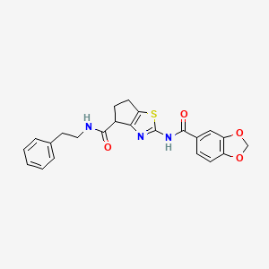 molecular formula C23H21N3O4S B2828543 2-(benzo[d][1,3]dioxole-5-carboxamido)-N-phenethyl-5,6-dihydro-4H-cyclopenta[d]thiazole-4-carboxamide CAS No. 955700-07-9
