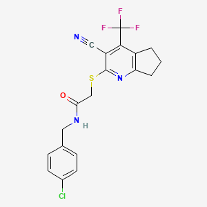 molecular formula C19H15ClF3N3OS B2828579 N-(4-chlorobenzyl)-2-{[3-cyano-4-(trifluoromethyl)-6,7-dihydro-5H-cyclopenta[b]pyridin-2-yl]sulfanyl}acetamide CAS No. 626221-53-2