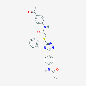 molecular formula C28H27N5O3S B282859 N-{4-[5-({2-[(4-acetylphenyl)amino]-2-oxoethyl}sulfanyl)-4-benzyl-4H-1,2,4-triazol-3-yl]phenyl}propanamide 