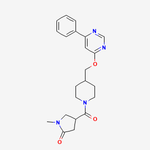 molecular formula C22H26N4O3 B2828598 1-Methyl-4-[4-[(6-phenylpyrimidin-4-yl)oxymethyl]piperidine-1-carbonyl]pyrrolidin-2-one CAS No. 2380084-91-1