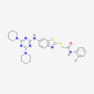 molecular formula C28H31FN8OS2 B282860 2-[(6-{[4,6-di(piperidin-1-yl)-1,3,5-triazin-2-yl]amino}-1,3-benzothiazol-2-yl)sulfanyl]-N-(2-fluorophenyl)acetamide 