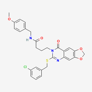 molecular formula C28H26ClN3O5S B2828609 4-[6-[(3-chlorophenyl)methylsulfanyl]-8-oxo-[1,3]dioxolo[4,5-g]quinazolin-7-yl]-N-[(4-methoxyphenyl)methyl]butanamide CAS No. 688059-95-2