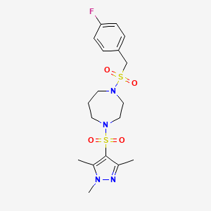 molecular formula C18H25FN4O4S2 B2828649 1-((4-fluorobenzyl)sulfonyl)-4-((1,3,5-trimethyl-1H-pyrazol-4-yl)sulfonyl)-1,4-diazepane CAS No. 1903898-62-3