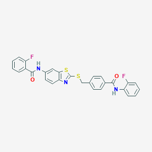 2-fluoro-N-[2-({4-[(2-fluorophenyl)carbamoyl]benzyl}sulfanyl)-1,3-benzothiazol-6-yl]benzamide