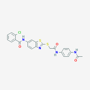 molecular formula C24H19ClN4O3S2 B282866 N-{2-[(2-{[4-(acetylamino)phenyl]amino}-2-oxoethyl)sulfanyl]-1,3-benzothiazol-6-yl}-2-chlorobenzamide 