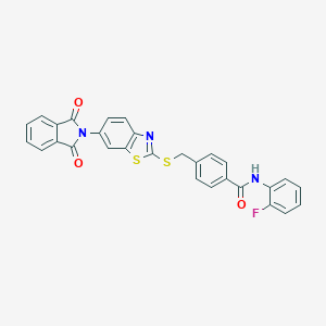 molecular formula C29H18FN3O3S2 B282869 4-({[6-(1,3-dioxo-1,3-dihydro-2H-isoindol-2-yl)-1,3-benzothiazol-2-yl]sulfanyl}methyl)-N-(2-fluorophenyl)benzamide 