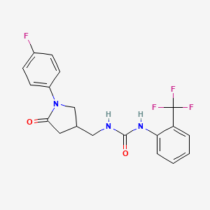 molecular formula C19H17F4N3O2 B2828701 1-((1-(4-Fluorophenyl)-5-oxopyrrolidin-3-yl)methyl)-3-(2-(trifluoromethyl)phenyl)urea CAS No. 954587-87-2