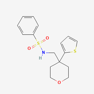 molecular formula C16H19NO3S2 B2828706 N-((4-(thiophen-2-yl)tetrahydro-2H-pyran-4-yl)methyl)benzenesulfonamide CAS No. 1203250-49-0