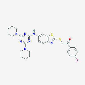 2-[(6-{[4,6-Di(piperidin-1-yl)-1,3,5-triazin-2-yl]amino}-1,3-benzothiazol-2-yl)sulfanyl]-1-(4-fluorophenyl)ethanone