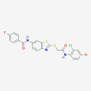 molecular formula C22H14BrClFN3O2S2 B282874 N-[2-({2-[(4-bromo-2-chlorophenyl)amino]-2-oxoethyl}sulfanyl)-1,3-benzothiazol-6-yl]-4-fluorobenzamide 