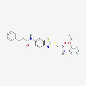 molecular formula C26H25N3O3S2 B282876 N-[2-({2-[(2-ethoxyphenyl)amino]-2-oxoethyl}sulfanyl)-1,3-benzothiazol-6-yl]-3-phenylpropanamide 