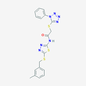 molecular formula C19H17N7OS3 B282879 N-{5-[(3-methylbenzyl)sulfanyl]-1,3,4-thiadiazol-2-yl}-2-[(1-phenyl-1H-tetrazol-5-yl)sulfanyl]acetamide 