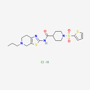 molecular formula C19H27ClN4O3S3 B2828810 N-(5-propyl-4,5,6,7-tetrahydrothiazolo[5,4-c]pyridin-2-yl)-1-(thiophen-2-ylsulfonyl)piperidine-4-carboxamide hydrochloride CAS No. 1329953-34-5