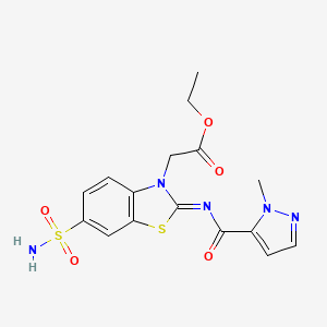 molecular formula C16H17N5O5S2 B2828832 (E)-乙酸乙酯 2-(2-((1-甲基-1H-吡唑-5-甲酰)亚胺)-6-磺酰基苯并[d]噻唑-3(2H)-基)乙酸乙酯 CAS No. 1173586-91-8