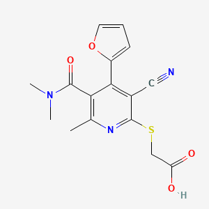 molecular formula C16H15N3O4S B2828870 2-{[3-氰基-5-(二甲基羰基)-4-(呋喃-2-基)-6-甲基嘧啶-2-基]硫代}乙酸 CAS No. 851398-36-2