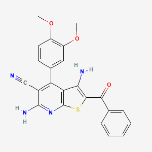 molecular formula C23H18N4O3S B2828908 3,6-Diamino-2-benzoyl-4-(3,4-dimethoxyphenyl)thieno[2,3-b]pyridine-5-carbonitrile CAS No. 361478-11-7