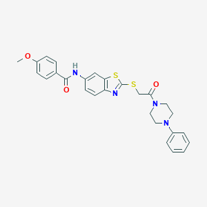 molecular formula C27H26N4O3S2 B282892 4-methoxy-N-(2-{[2-oxo-2-(4-phenylpiperazin-1-yl)ethyl]sulfanyl}-1,3-benzothiazol-6-yl)benzamide 