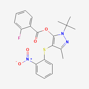 molecular formula C21H20FN3O4S B2828943 1-(tert-butyl)-3-methyl-4-((2-nitrophenyl)thio)-1H-pyrazol-5-yl 2-fluorobenzoate CAS No. 851127-54-3