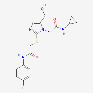 molecular formula C17H19FN4O3S B2828955 N-cyclopropyl-2-(2-((2-((4-fluorophenyl)amino)-2-oxoethyl)thio)-5-(hydroxymethyl)-1H-imidazol-1-yl)acetamide CAS No. 921867-49-4
