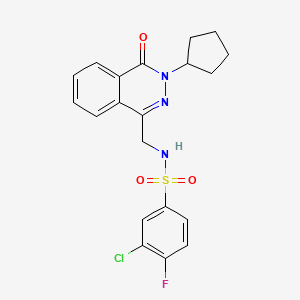 molecular formula C20H19ClFN3O3S B2828966 3-chloro-N-((3-cyclopentyl-4-oxo-3,4-dihydrophthalazin-1-yl)methyl)-4-fluorobenzenesulfonamide CAS No. 1448133-88-7