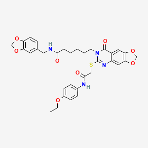 molecular formula C33H34N4O8S B2828968 N-(1,3-benzodioxol-5-ylmethyl)-6-[6-({2-[(4-ethoxyphenyl)amino]-2-oxoethyl}thio)-8-oxo[1,3]dioxolo[4,5-g]quinazolin-7(8H)-yl]hexanamide CAS No. 688061-39-4