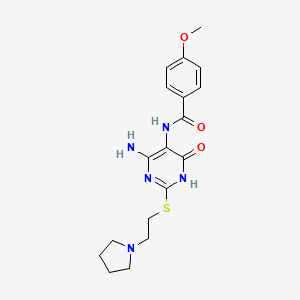 molecular formula C18H23N5O3S B2829007 N-(4-amino-6-oxo-2-((2-(pyrrolidin-1-yl)ethyl)thio)-1,6-dihydropyrimidin-5-yl)-4-methoxybenzamide CAS No. 888419-12-3