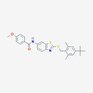 molecular formula C28H30N2O2S2 B282901 N-{2-[(4-tert-butyl-2,6-dimethylbenzyl)sulfanyl]-1,3-benzothiazol-6-yl}-4-methoxybenzamide 