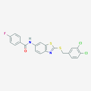 molecular formula C21H13Cl2FN2OS2 B282902 N-{2-[(3,4-dichlorobenzyl)sulfanyl]-1,3-benzothiazol-6-yl}-4-fluorobenzamide 