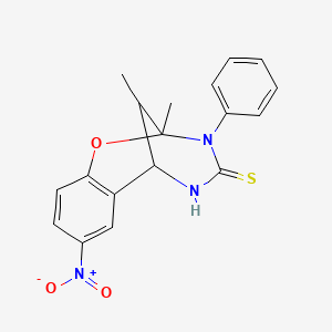 molecular formula C18H17N3O3S B2829027 2,11-dimethyl-8-nitro-3-phenyl-5,6-dihydro-2H-2,6-methanobenzo[g][1,3,5]oxadiazocine-4(3H)-thione CAS No. 1007920-29-7