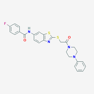 molecular formula C26H23FN4O2S2 B282903 4-fluoro-N-(2-{[2-oxo-2-(4-phenylpiperazin-1-yl)ethyl]sulfanyl}-1,3-benzothiazol-6-yl)benzamide 