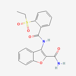molecular formula C18H16N2O5S B2829100 3-(2-(Ethylsulfonyl)benzamido)benzofuran-2-carboxamide CAS No. 886922-74-3