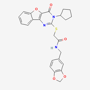 molecular formula C25H23N3O5S B2829116 N-(苯并[d][1,3]二噁英-5-基甲基)-2-((3-环戊基-4-氧代-3,4-二氢苯并呋喃[3,2-d]嘧啶-2-基)硫)乙酰胺 CAS No. 899962-47-1